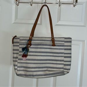Fossil Gray White Striped Tote Bag Purse Pom Pom tassels 18” x 11”